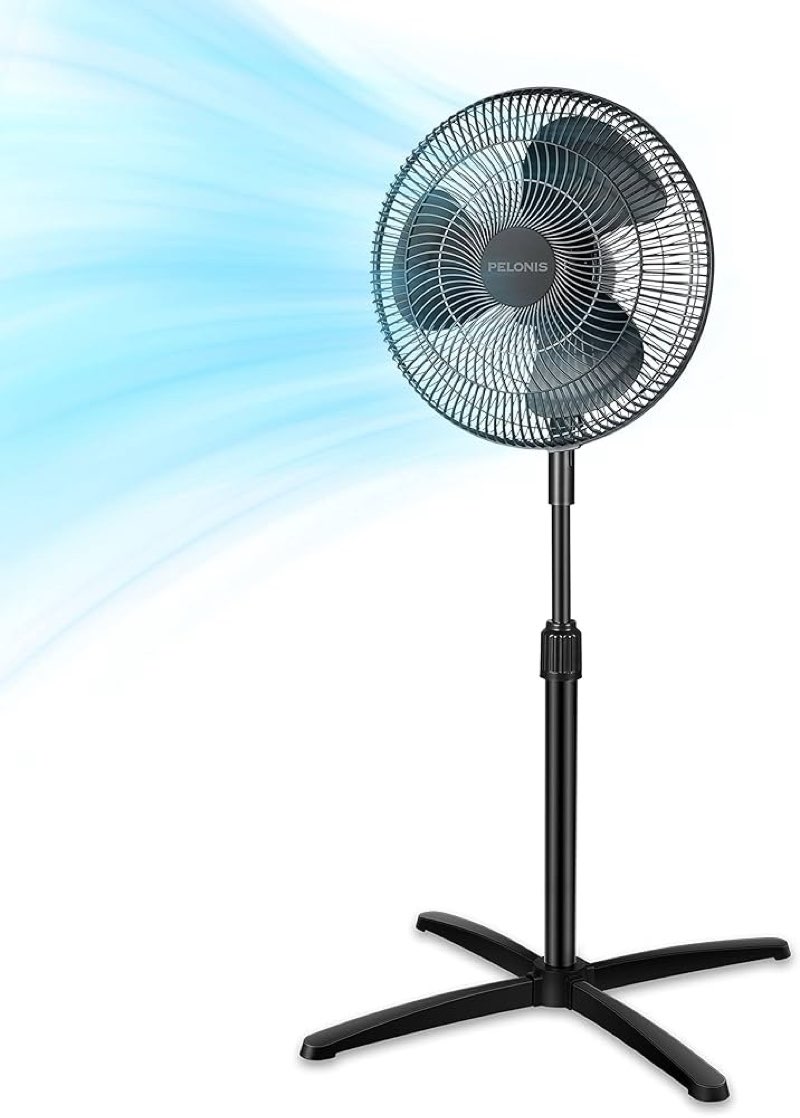 PELONIS 16 inch Pedestal Fan for Bedroom , Oscillating Fan, 3-Speeds, 90° Oscillation, Adjustable Height, Floor Fan, Standing Fan for Living Room, Kitchen, and Home office, Black
