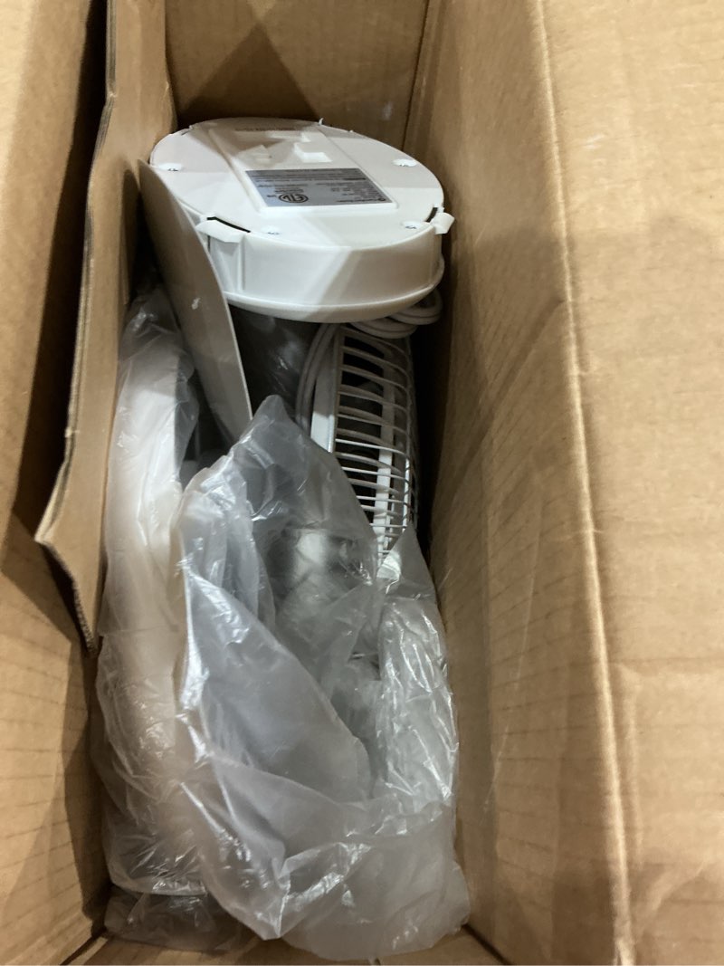 Condition photo showing As Is for comfort zone oscillating table fan with adjustable tilt, convenient push button controls, quiet, 12 inch, 3 speed, desk fan, airflow 7.25 ft/sec, ideal for home, bedroom, dorm & office, cz121wt white