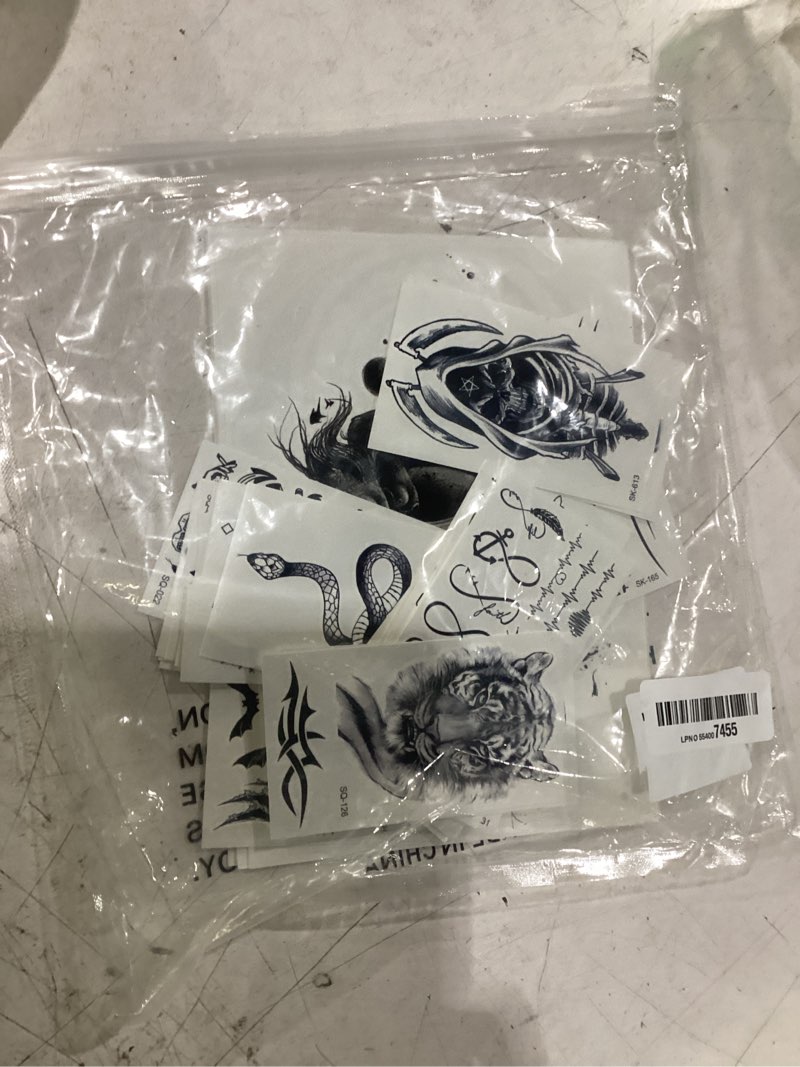 Condition photo showing Good Condition for 49 sheets tribal black temporary tattoos for women men adults body arm, long lasting maori wolf tiger lion spartan warrior gladiator fake tattoo stickers gangster rose skull, bulk halloween tattoos blackanimals