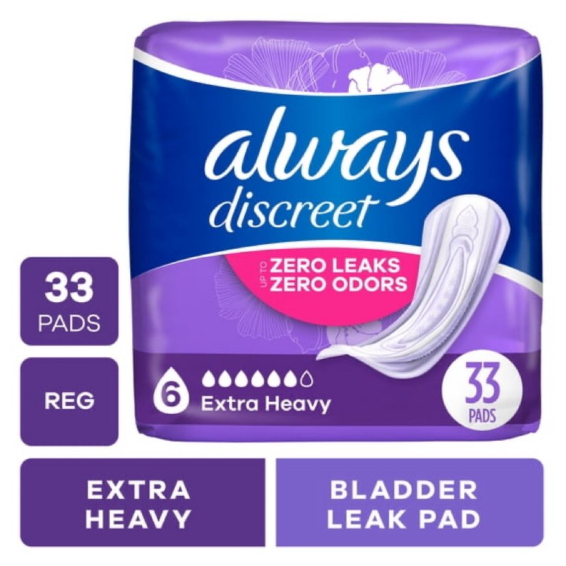 always discreet incontinence pads for women and postpartum pads, extra heavy, 33 ct, up to 100% bladder leak protection