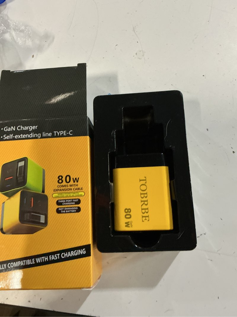Condition photo showing As Is for 80W GaN Fast Charger with Retractable USB-C Cable 3-in-1 Wall Charger Block with Built-in Type-C Cor