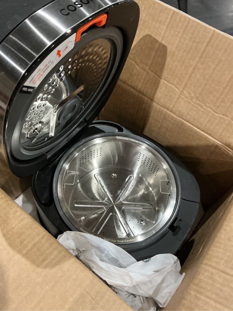 Condition photo showing As Is for (used)cosori rice cooker 10 cup, 24h keep warm, non-stick ceramic inner pot, 18 functions fuzzy logic rice maker with stainless steel steamer basket, sauté, slow cooker, black