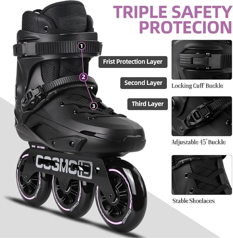 adult inline skate - cosmoid high performance roller skates blades for women & men, 3 wheels 110mm metal frame,indoor outdoor and fitness black.