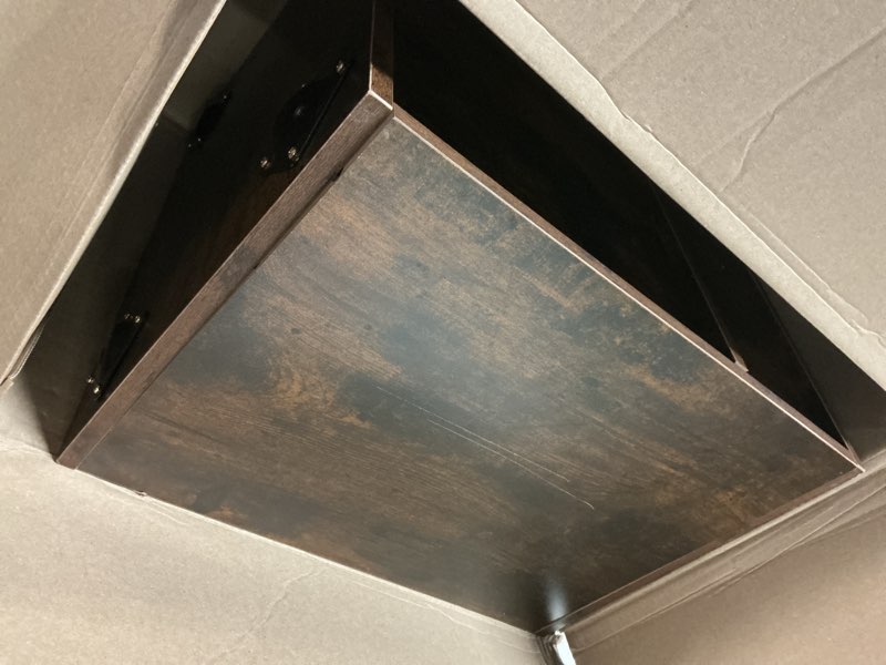 Condition photo showing As Is for Mid Century Modern Nightstand, Wood Bedside Table with Drawer and Opening Storage, End Table Living Room Fluted Night Stand with Solid Wood Legs for Bedroom (Rustic Brown)