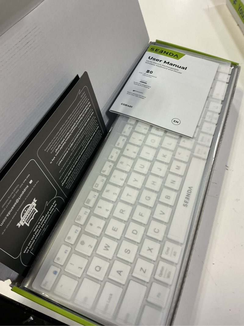 Condition photo showing New/Like New for seenda wireless bluetooth keyboard and mouse combo, coe401 rechargeable slim keyboard mouse, 3 multi-device connection, compact quiet set compatible for mac/windows laptop macbook ipad, white silver