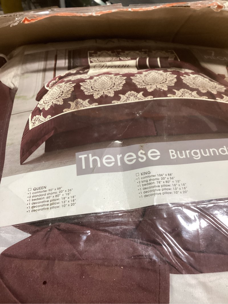 Condition photo showing Good Condition for LANCO MODERN LIFESTYLE Burgundy California King Comforter Set 7 Pieces, Jacquard Woven with Damask, 