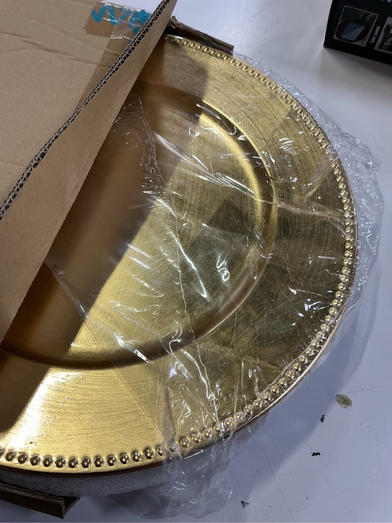 Condition photo showing Good Condition for maoname foil gold charger plates set of 10, 13" beaded plate chargers for dinner plate, plastic round chargers for table setting, wedding