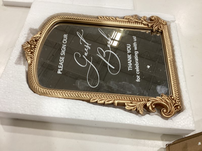 Condition photo showing Good Condition for bucherry vintage love wedding sign please sign our guest book mirror plaque elegant resin frame with mirror 12" x 7.5" baroque reception decor gold table centerpiece sign guest book