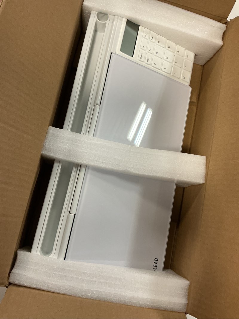 Condition photo showing Good Condition for SELEAD Desktop Glass Whiteboard with Calculator & Built-in Mirror, Dry Erase White Board Computer Pad Keyboard Stand with Organizer Drawer, Desk Accessories for Home, School, Office White-calculator+mirror