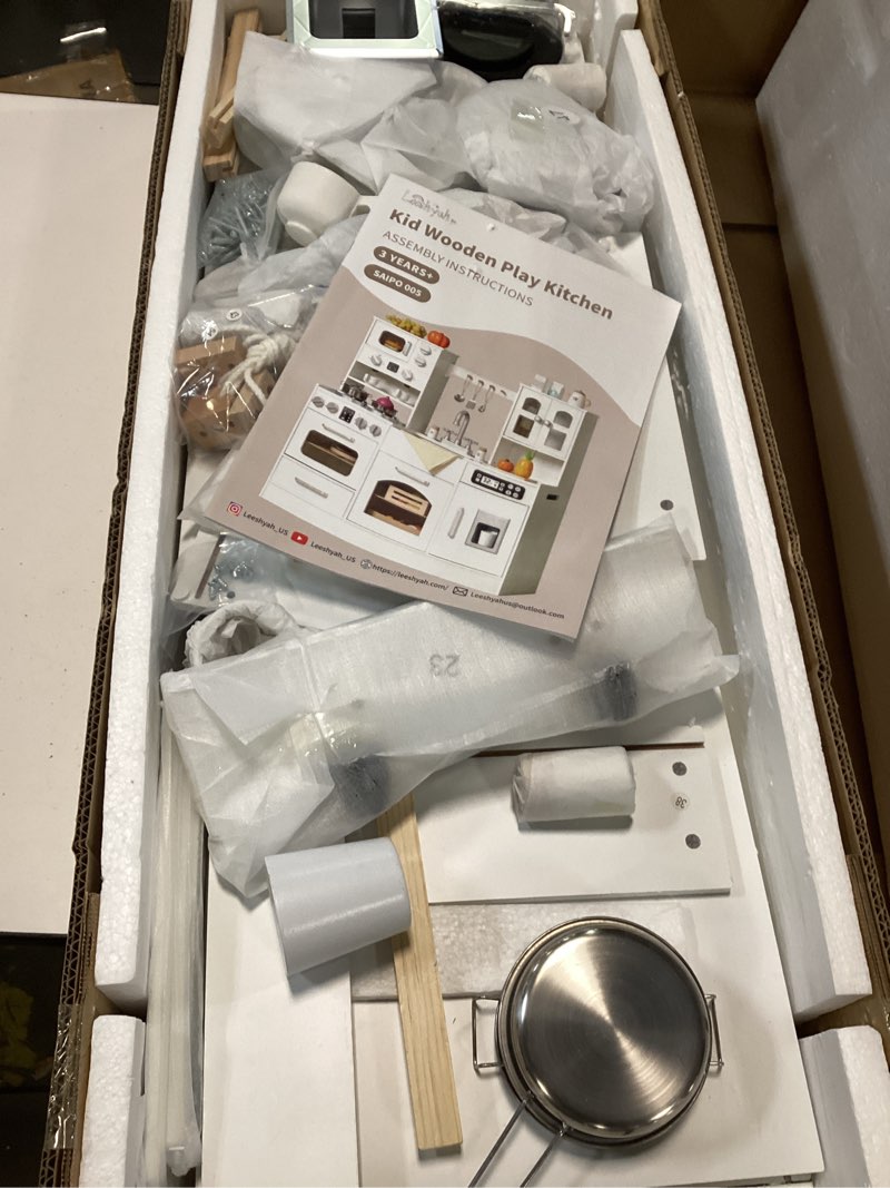 Condition photo showing Good Condition for Wooden Play Kitchen for Toddlers and Kids with Lights & Sounds, Large Interactive Pretend Play Set with Ice Maker, Stove, Sink, Oven, 12 Accessories - Ages 3-8