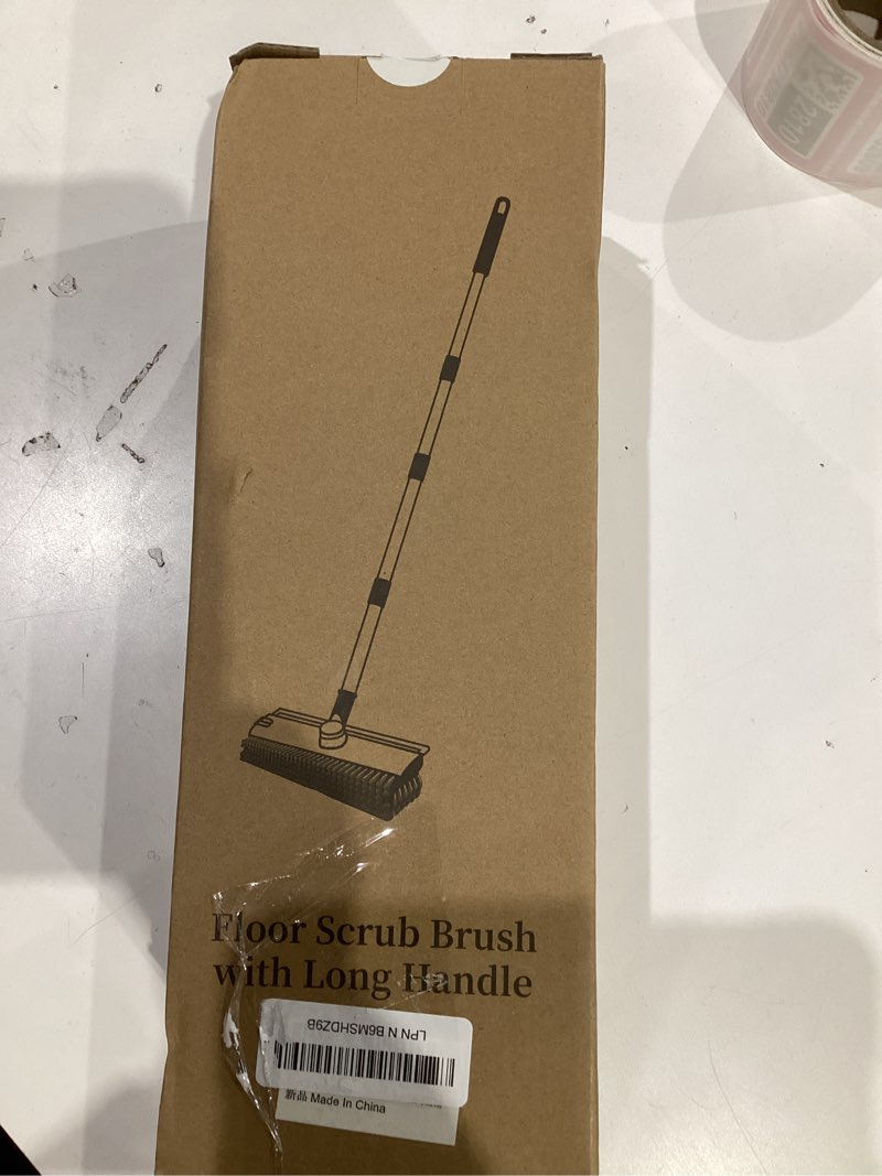 Condition photo showing New/Like New for Floor Scrub Brush with Long Handle Length Adjustable, 3 in 1 Heavy-Duty Stiff 90° Bristle Floor Scrubber Broom with Squeegee, for Bathroom, Garage, Kitchen, Tile, Deck & Patio (White)