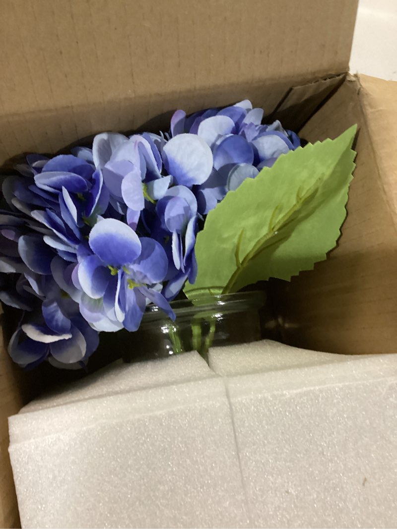 Condition photo showing Good Condition for hollyone hydrangea artificial flowers with vase slate blue silk fake flowers arrangements floral bulk bouquet in glass vase with faux water for home bathroom office table centerpiece shelf decorations hydrangea, slate blue