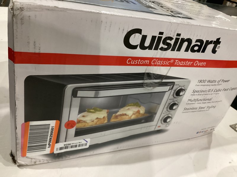 Condition photo showing As Is for Cuisinart Custom Classic Toaster Oven Broiler, 1800 Watt Countertop Toaster Oven to Bake, Broil, and Toast, Non-Stick Interior, Consistent Toast Control, Brushed Stainless Steel/Black, TOB-40N