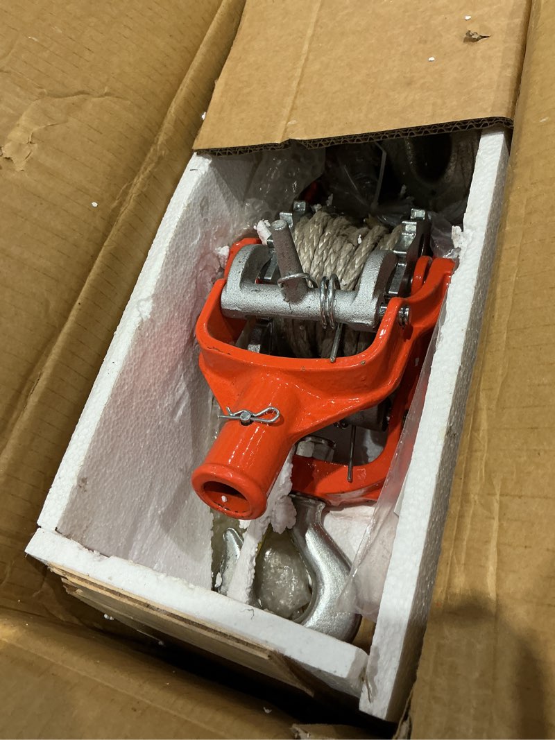 Condition photo showing As Is for vevor rope puller, 6614 lbs pulling capacity, heavy duty ratchet power puller tool with 35 ft of 0.3 in diameter rope & 2 hooks, come along winch for tree felling, moving boats, road recovery 3 ton
