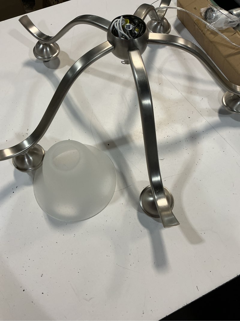 Condition photo showing As Is for kichler dover 23" chandelier in brushed nickel, 5-light classic foyer or dining room chandelier with etched seeded glass, (23" h x 24" w), 2020ni