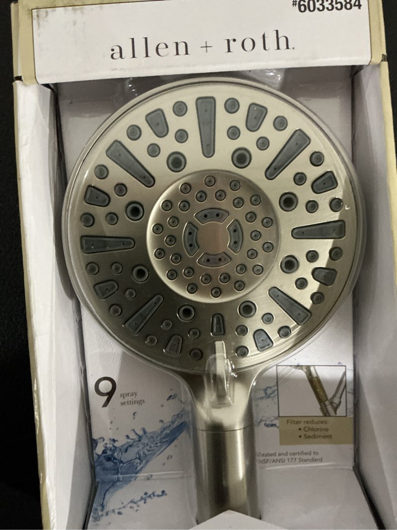 Condition photo showing As Is for allen + roth kensley 9 -spray brushed nickel 5.9-in round filtered handheld shower head 1.8 gpm