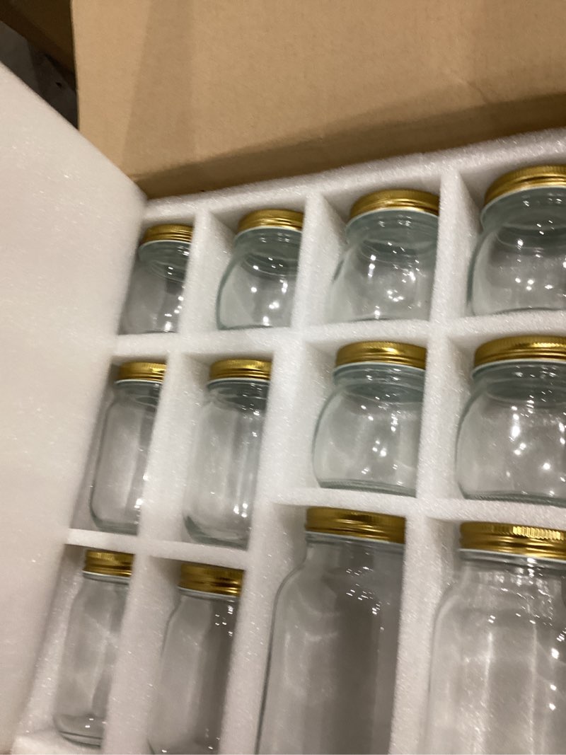 Condition photo showing Good Condition for 12 Pcs Large Mason Jars Variety Pack with Gold Lids 25/12/10 oz Clear Glass Mason Jars Bulk Regular Mouth for DIY Projects Meal Prep Honey Wedding Favors Food Storage Dry Food Snack 24 Gold