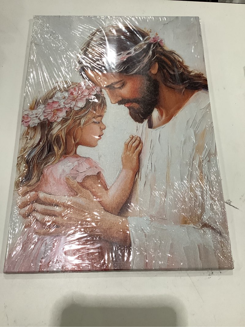 Condition photo showing New/Like New for qixiang religious canvas wall art jesus and little girl prayer picture prints pink christian painting easter christmas gift home decor framed(pink,24l x 16w) pink 24l" x 16w"