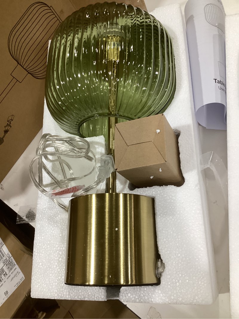 Condition photo showing New/Like New for QiMH Glass Table Lamp for Living Room, Modern Bedside Lamp with Green Ribbed Glass Shade, 3-Way Dimmable Touch Control Nightstand Lamp for Bedroom, Brushed Gold LED Bulb Included)