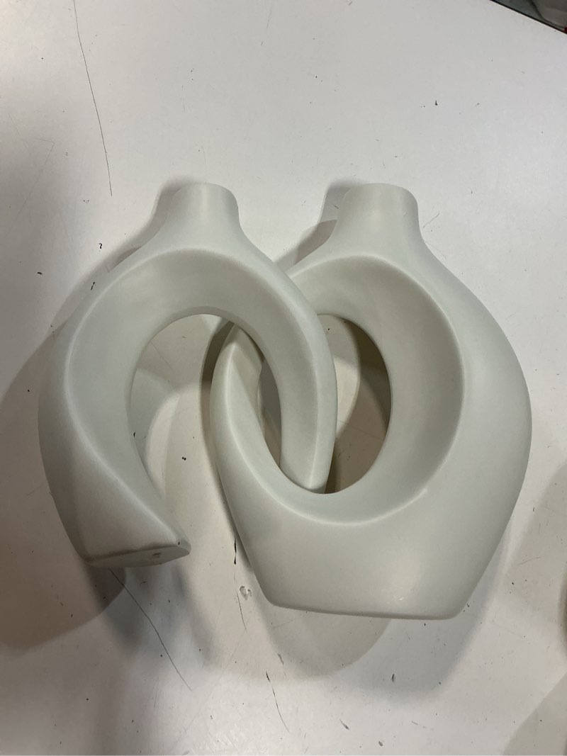 Condition photo showing Good Condition for lasieyo ceramic vase set of 2, boho decorative modern donut vase neutral nordic minimalism style flower vases for office bookshelf living room home decor, white