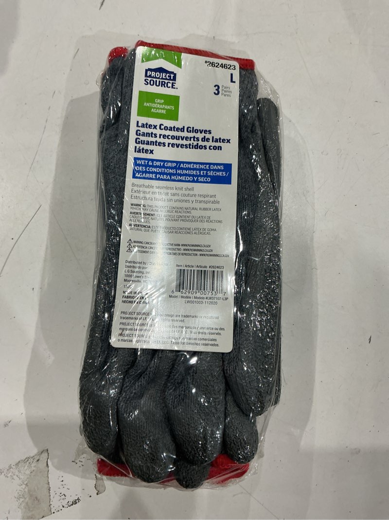 Condition photo showing New/Like New for project source large gray latex dipped polyester gloves, (3-pairs)