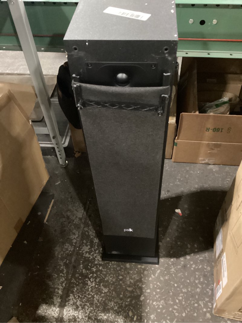 Condition photo showing As Is for not tested polk monitor xt60 tower speaker - hi-res audio certified, dolby atmos, dts:x & auro 3d compatible, 1\" tweeter, 6.5\" dynamically balanced woofer, (2) 6.5\" passive radiators (single, midnight black) tower speaker (xt60)