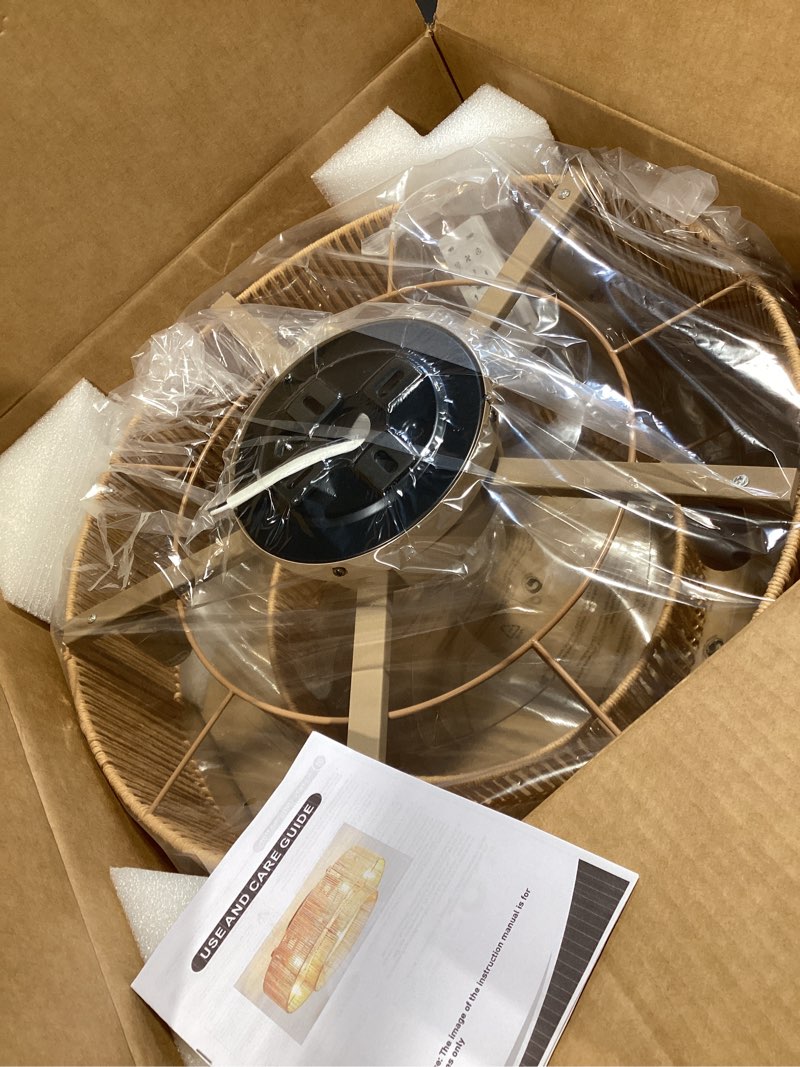 Condition photo showing New/Like New for ainqiant 20 inch boho caged ceiling fans with lights flush mount, layered rattan ceiling fan with light remote control with reversible 6 speeds for bedroom, nursery, living room, e12 base, indoor gold 20" layered rattan boho caged ceiling fan with lights