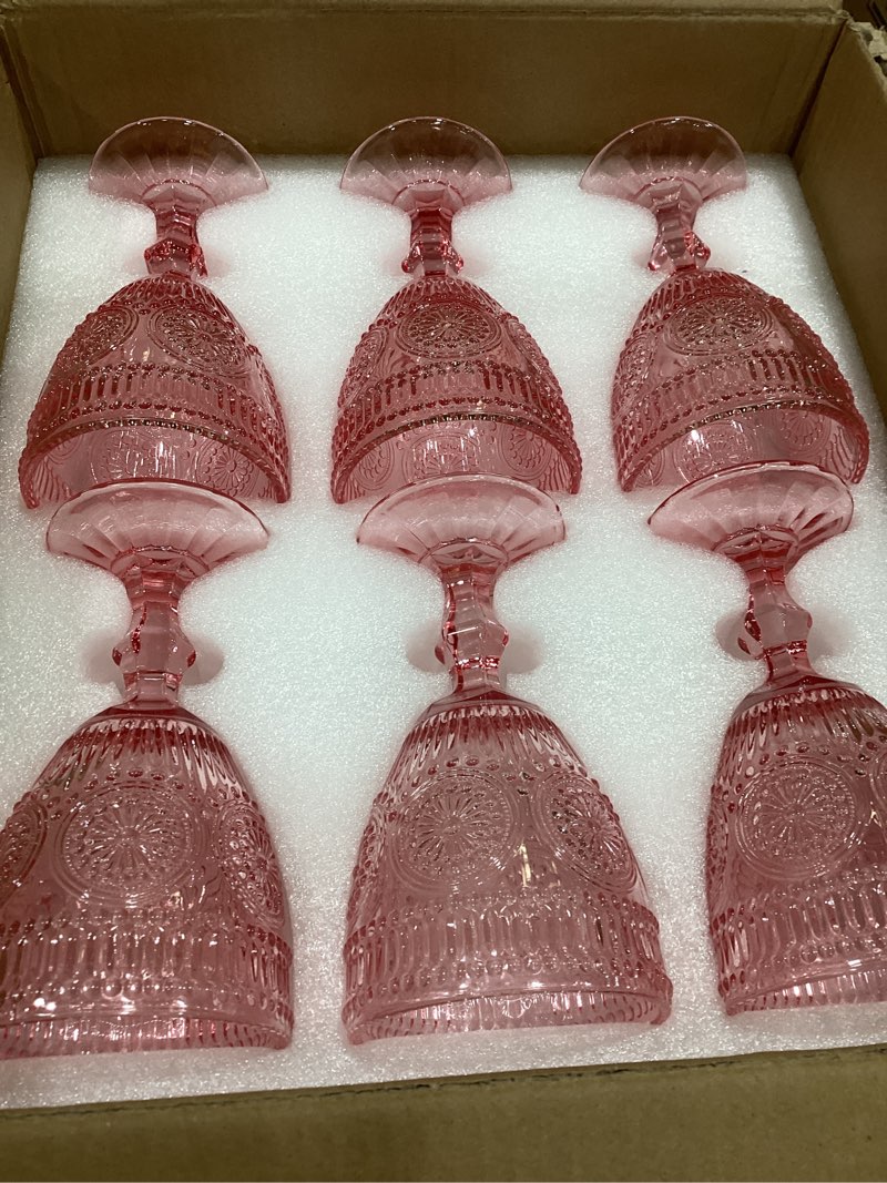 vintage wine glasses set of 12, 10 oz glass goblets wine glassware, romantic wedding glass set, embossed drinking stemware beverage cups for wedding party bar, pinck  pinck-12pcs