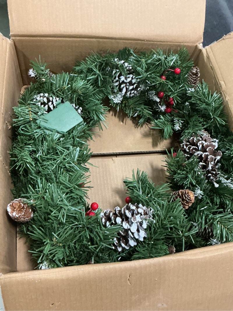 Condition photo showing Good Condition for Christmas Wreaths for Front Door, 27 Inch Christmas Wreaths, Christmas Wreath with Lights, Outdoor Large Christmas Wreath, Prelit Christmas Decor with Pine Cones, Pine Needles,Red Berries Green