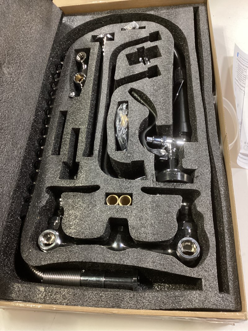 Condition photo showing Good Condition for Commercial Kitchen Faucet Wall Mount with Pre-Rinse Sprayer 21" Height Wall Mount Kitchen Sink Faucet 8 Inch Center with 10" Add-on Swing Spout Faucet & Coiled Spring Pull Down Spray 21" Height Polished Chrome