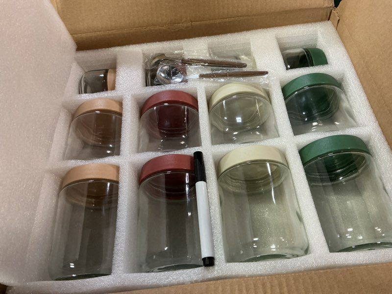 Condition photo showing Good Condition for 12Pack Overnight Oats Containers with Lids, 16oz, 8oz & 4oz Glass Jars with Airtight Lids, Wide mouth Mason Salad jars, Glass Food Storage Containers for Yogurt Chia Pudding Snacks Cereal & Spices