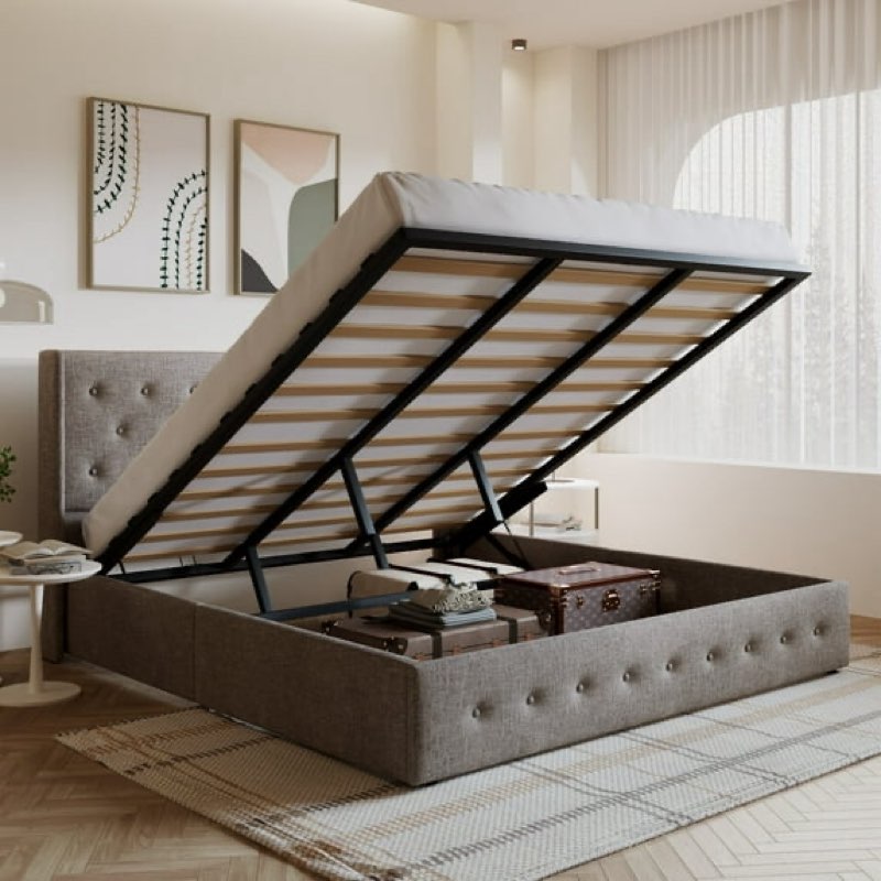 Amolife King Size Upholstered Lift up Storage Platform Bed Frame with Fabric Button Tufted Wingback Headboard, Beige