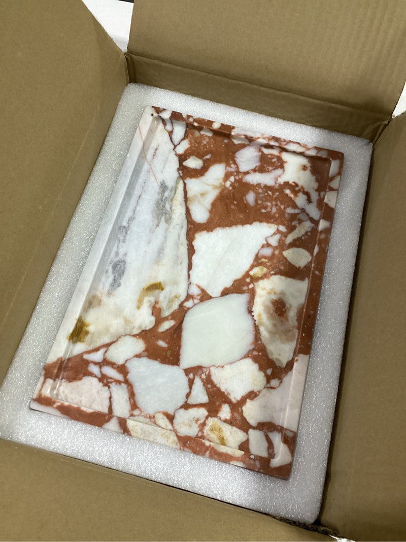 Condition photo showing New/Like New for 100% Natural Marble Serving Tray Luxury Marble Storage Tray for Home Decor Stone Tray for Bathroom/Kitchen/Vanity/Dresser,Plate Holder for Tissues, Candles, Towel 12" x 8" x 0.7" Marble Tray-calacatta Red