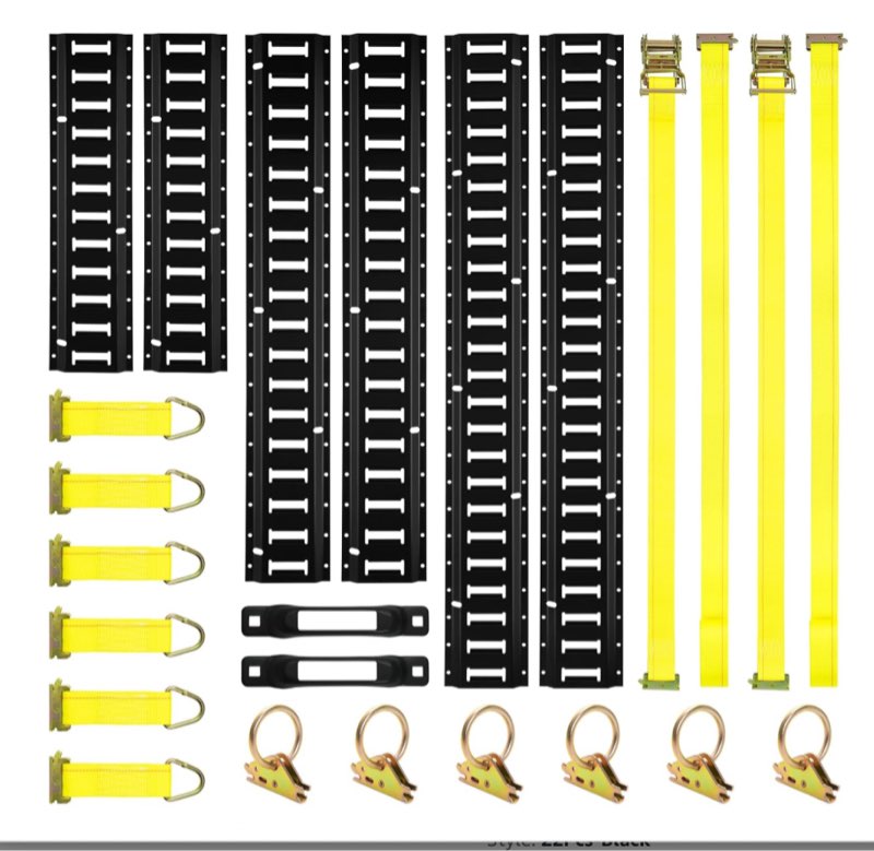 elechomes e track tie-down rail kit?22 pcs set etrack kit 6 rails, 2 ratchet straps, 6 rope tie offs, 6 o ring anchors, 2 single slot anchors securing accessories for garages vans trailers motorcycle