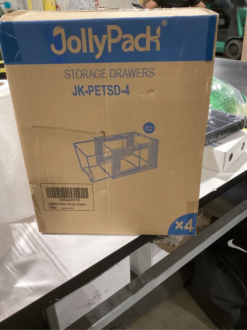 Condition photo showing New/Like New for JollyPack 4 Pack Clear Stackable Storage Drawers, Easy to Assemble Multi-Use Bathroom Organizers and Storage, Suitable for Vanity, Bathroom, Makeup, Under Sink, Office, Kitchen and Pantry
