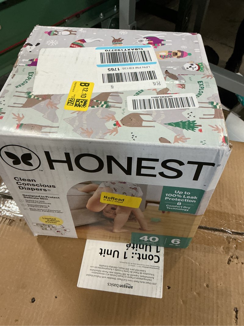 Condition photo showing New/Like New for The Honest Company Clean Conscious Diapers for Delicate Skin | Up to 100% Leakproof | Hypoallergenic, Fragrance Free | Winter '25 Limited Edition Prints | Club Box, Size 6 (35+ lbs), 40 Count Size 6 (40 Count) Adorably A-moosing + Winterwear Wags