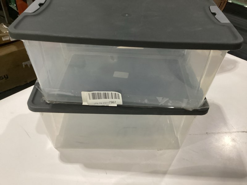 Condition photo showing Good Condition for homz 2 pack secure latch, clear plastic storage organizer bins, 15 quart, gray lid - stackable container boxes for bedroom, bathroom, garage, and office organization gray lid 15 qt