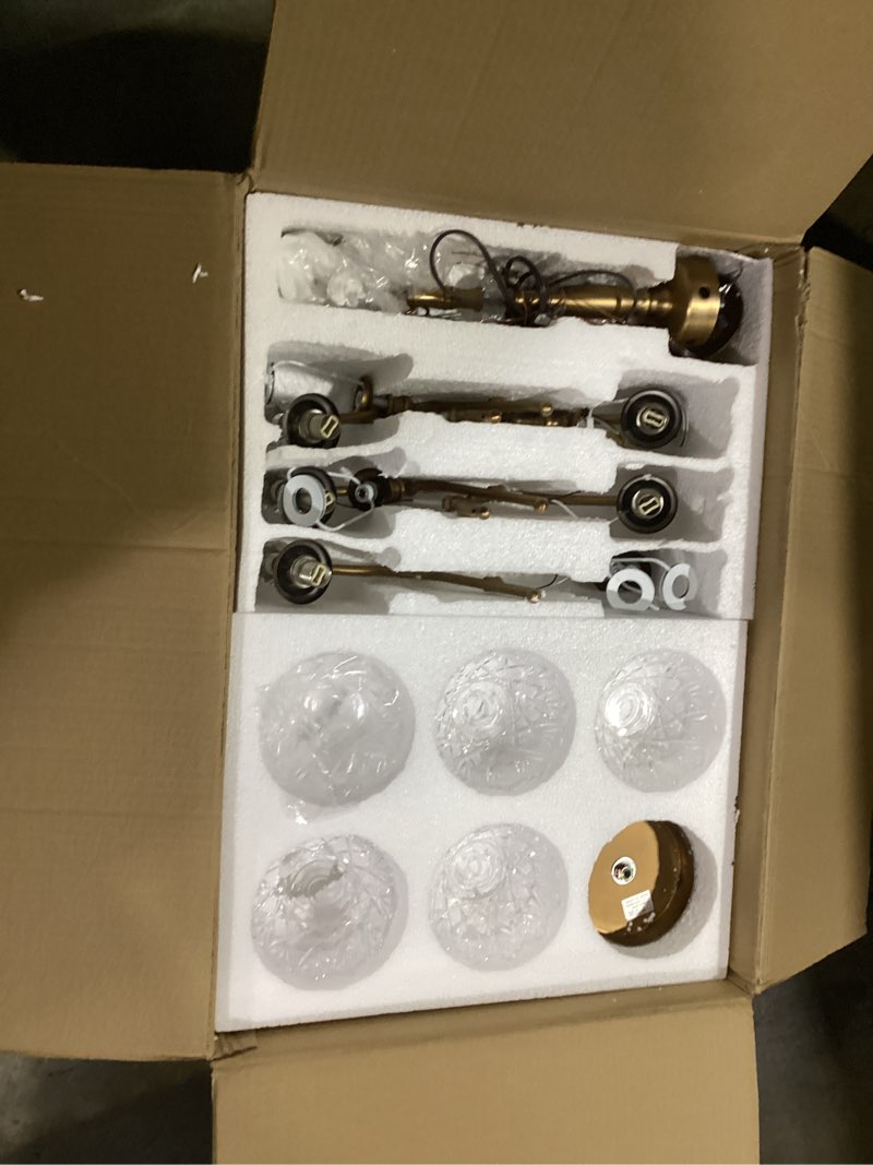Condition photo showing New/Like New for Chandeliers Vintage 5 Lights Brass Glass Pendant Lighting Fixtures Rustic Style Chandelier Matte Brushed Antique Brass Finish with Crystal Glass Shade for Kitchen Island Farmhouse 5-Light Brass