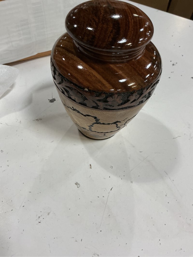 Condition photo showing Good Condition for cremation urn for human ashes adult male or female, wooden urn, hand carved memorial, large adult urn, burial urn, wood turned casket for men women, funeral urn for ashes (keepsake 15 cu/in)