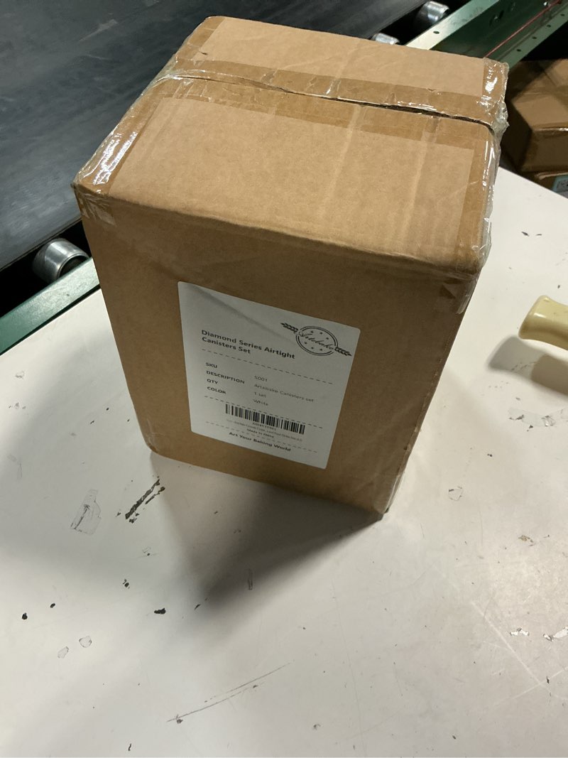 Condition photo showing New/Like New for ceramic canisters sets for the kitchen, flour sugar storage containers, diamond-patterned design, coffee canister with airtight lid for counter spice and food (white sets of 2)