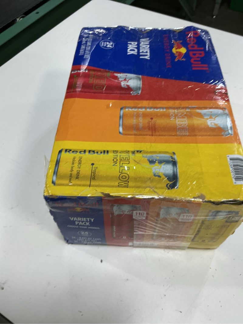 Condition photo showing New/Like New for (bbd 04/09/27)  red bull energy drink variety pack, red edition, amber edition and yellow edition energy drinks, 8.4 fl oz, 24 cans variety pack 8.4 fl oz, 24pk