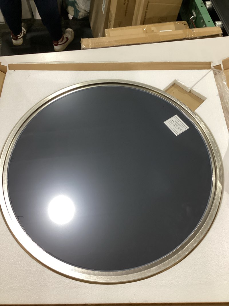 Condition photo showing New/Like New for tokeshimi 24 inch circle bathroom mirror brushed nickel, tempered round wall mirror, shatterproof 24x24 hanging wall mirrored farmhouse for bedroom, entryway, restroom, vanity, living room 24"l x 24"w brushed nickel