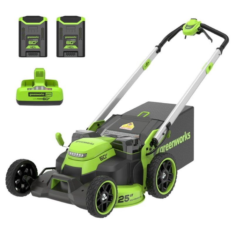 greenworks 60v 25" self-propelled lawn mower with (2) 4.0 ah batteries & rapid charger 2546002