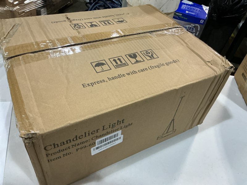 Condition photo showing New/Like New for catiner 24" industrial chandelier, modern hanging fixture 6-light drum pendant light for living dining room foyer entryway kitchen, black metal with red walnut grain finish black+walnut 24 inches