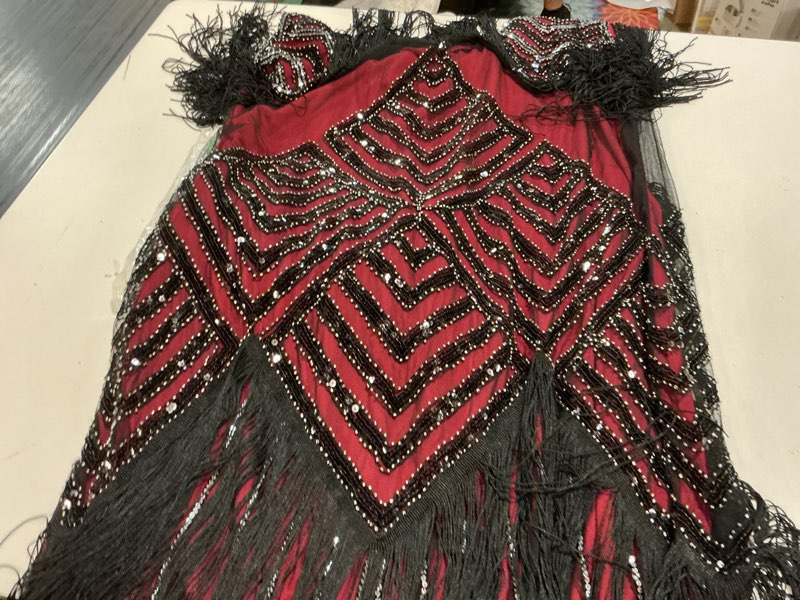 Condition photo showing Good Condition for women 1920s sequin beaded tassels hem flapper dress with 20s headband accessories set small style 1 black red