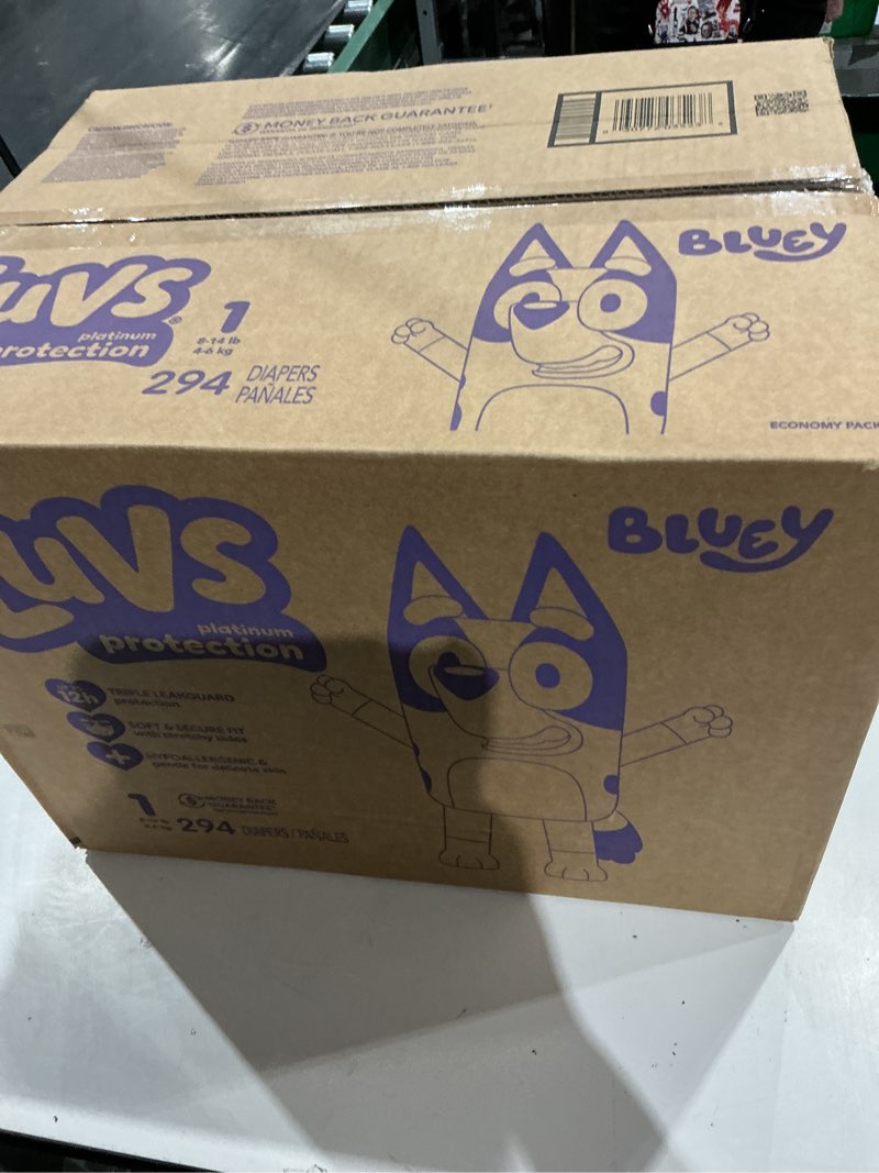 Condition photo showing New/Like New for luvs size 1 baby diapers, platinum protection bluey diapers for day & night, size 1, 294 count (packaging may vary) size 1 294