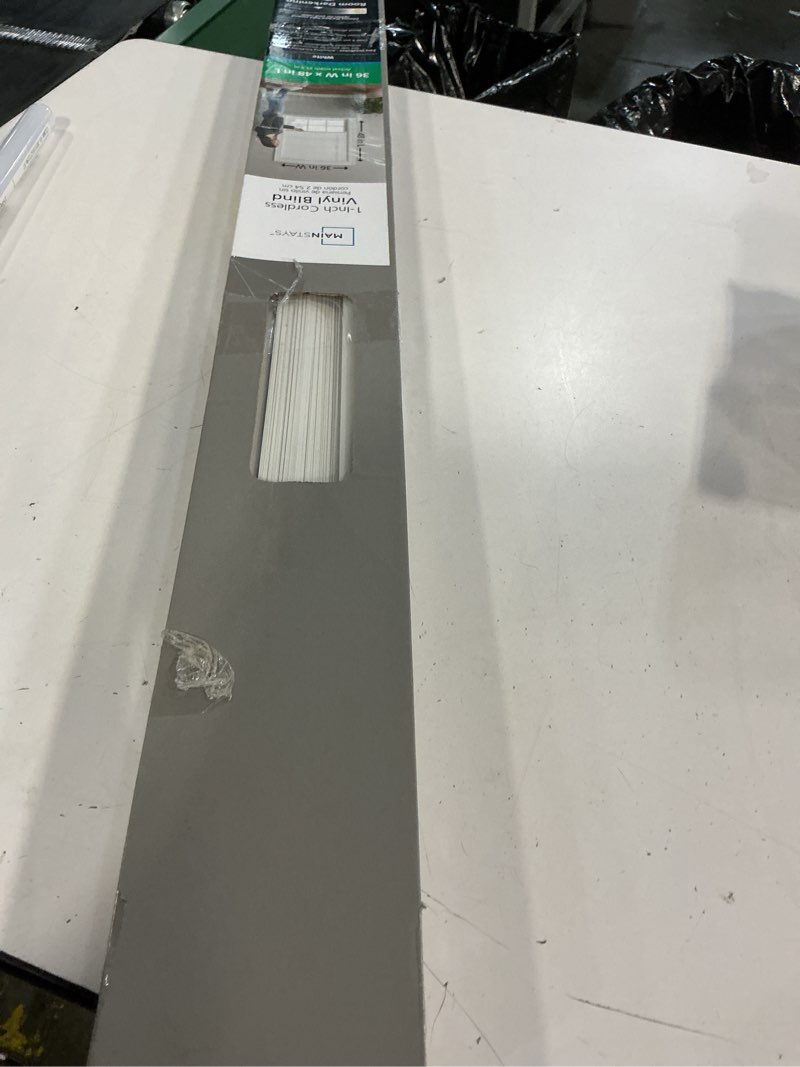 Condition photo showing As Is for mainstays 1" cordless room darkening vinyl mini blinds white, 36"w x 48"l