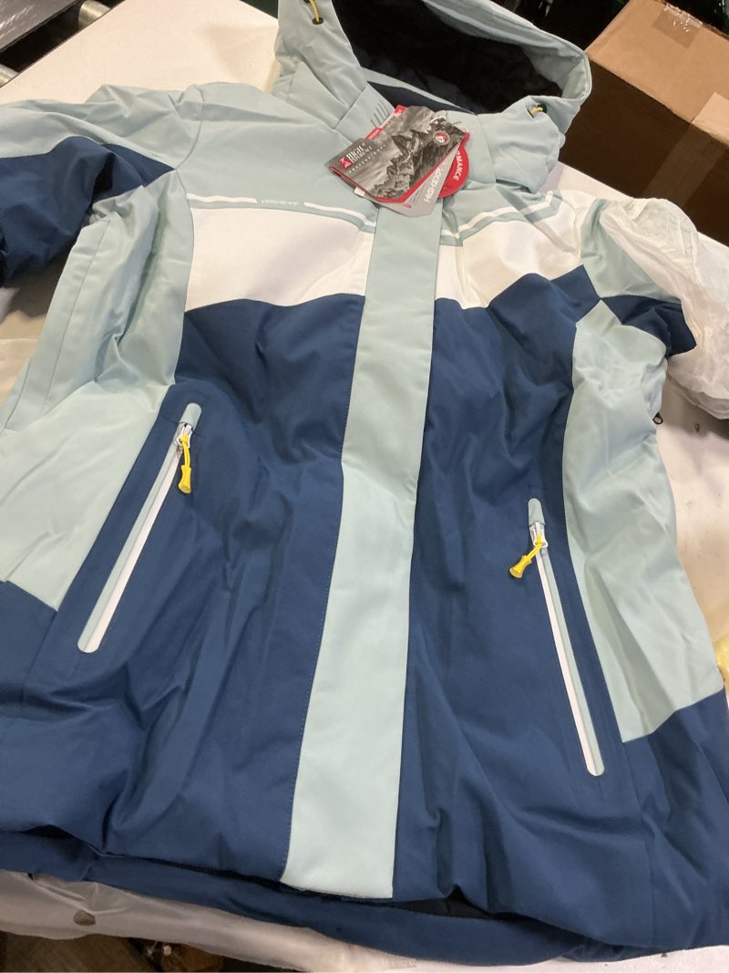 Condition photo showing Good Condition for ski jacket women snowboard coat fitted slim fit snow short windproof waterproof insulated warm removable hood medium light blue-dark blue