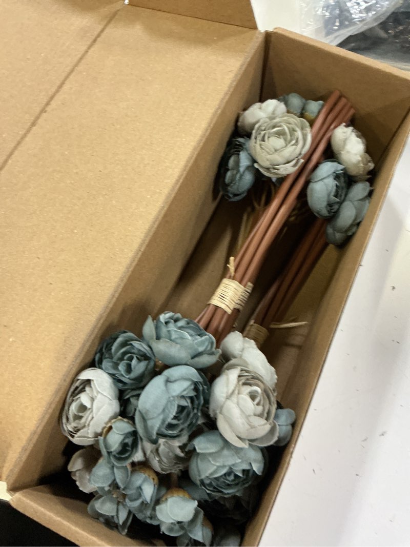 Condition photo showing New/Like New for floroom ranunculus artificial flowers 18 pcs dusty blue faux silk mini ranunculus bulk fake wedding filler flowers for diy bouquets, centerpieces, bridal shower decorations & arrangements