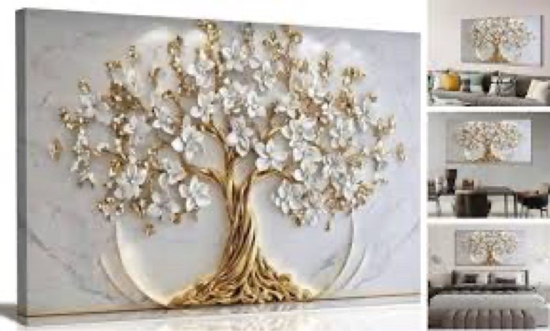 tree of life canvas wall art gold white flowers wall decor 32l" x 16w" canvas